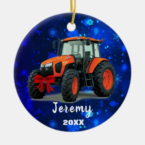 Modern Orange Tractor Christmas 20XX  Ceramic Ornament