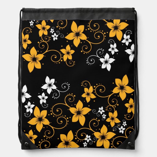 Modern Orange Tropical Floral  Drawstring Bag (Front)