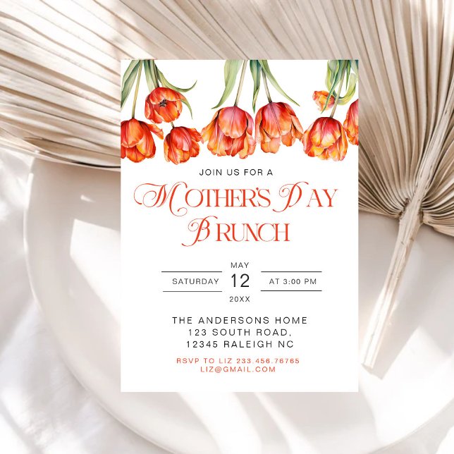 Modern Orange Tulips Floral Mothers Day Brunch Inv Invitation (Creator Uploaded)