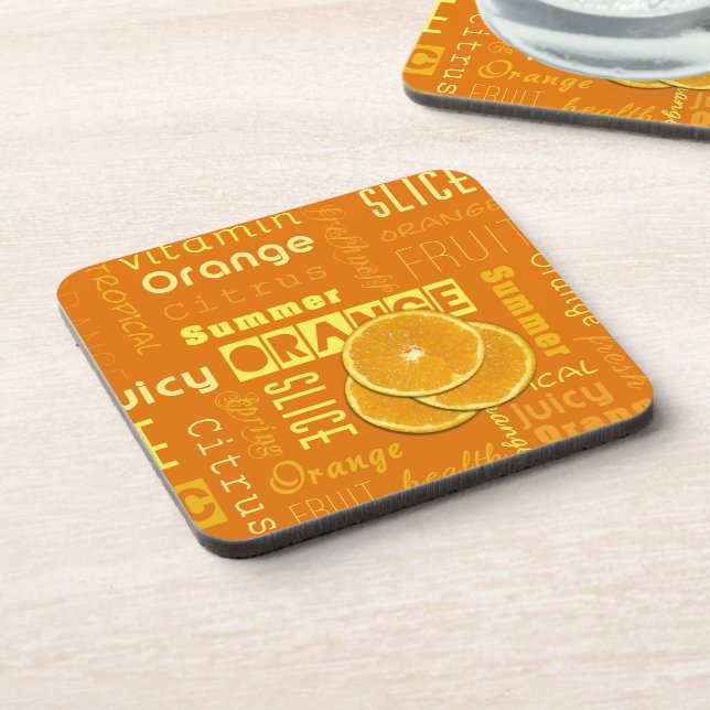 Modern Orange Typography Fruit Slice Beverage Coaster (Left Side)
