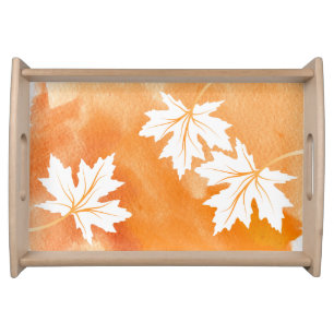 Modern orange watercolor and white maple leaves serving tray