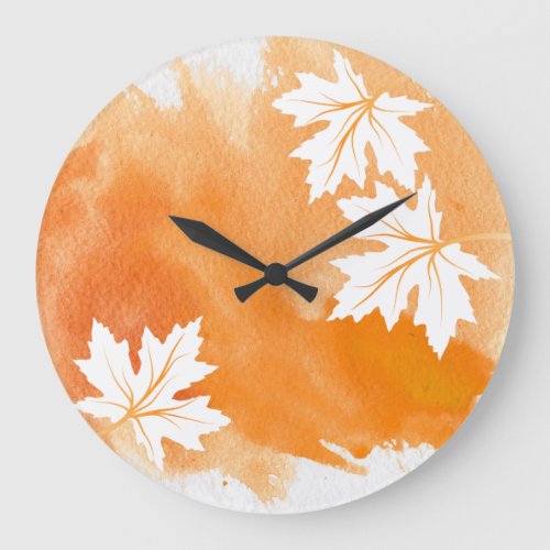 Modern orange watercolor splash and maple leaves large clock