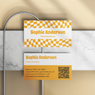Modern Orange Wavy Checkerboard QR Code Business Card