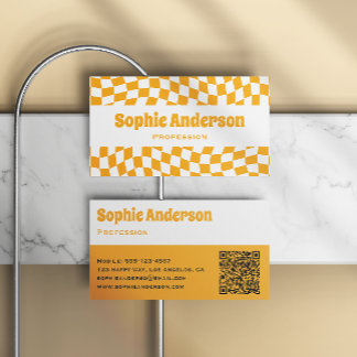 Modern Orange Wavy Checkerboard QR Code Business Card