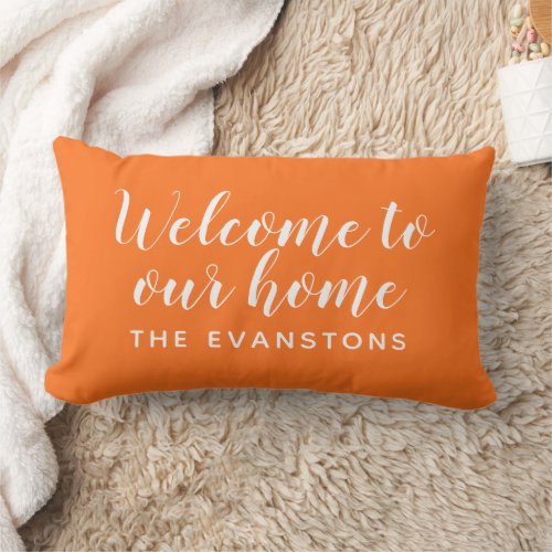 Modern Orange Welcome Home Custom Last Name Lumbar Pillow