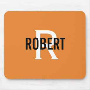 Modern orange white monogram men name mouse pad