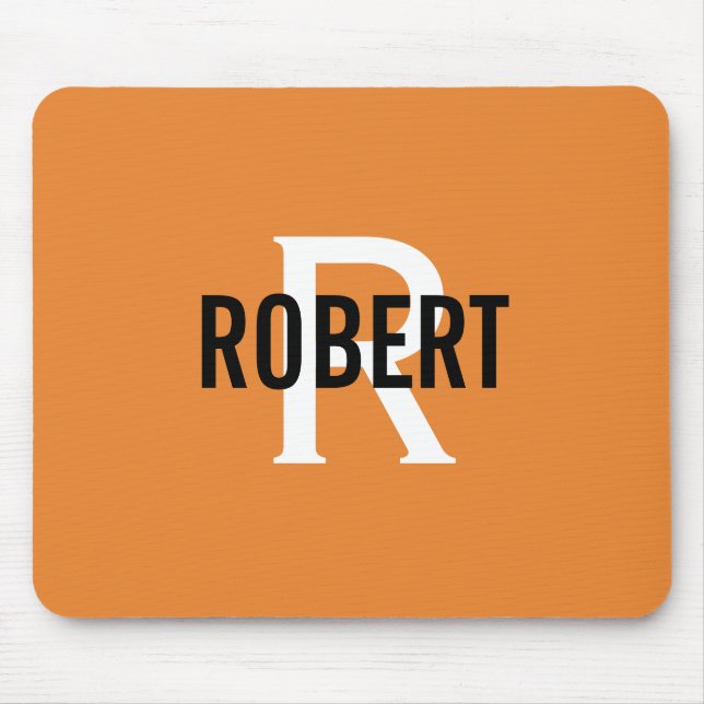 Modern orange white monogram men name mouse pad (Front)