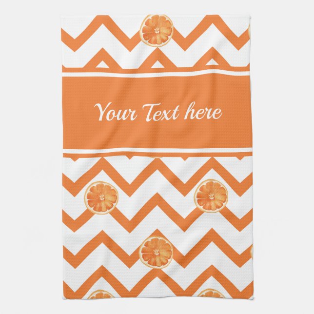 Modern orange white pattern with text personalize kitchen towel (Vertical)