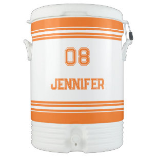Modern Orange White Player Name Jersey Number Beverage Cooler