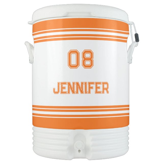 Modern Orange White Player Name Jersey Number Beverage Cooler (Front)