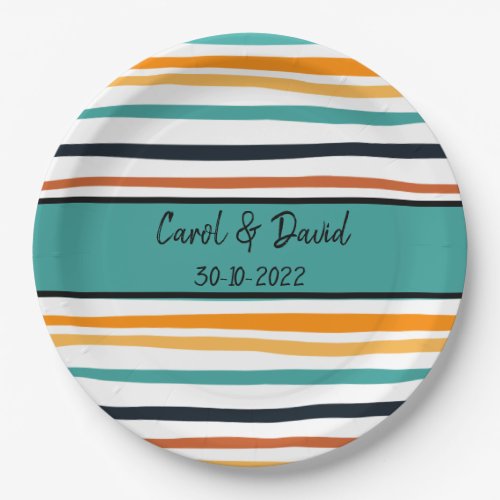 Modern Orange White Striped Halloween Wedding Paper Plates