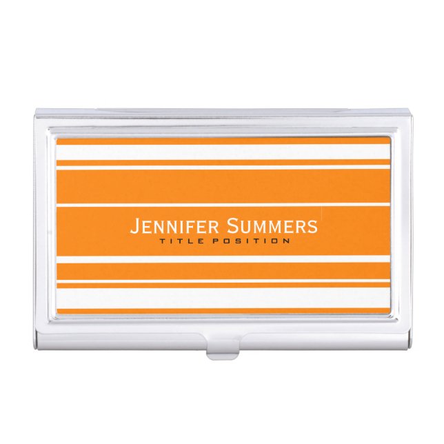 Modern Orange & White Stripes Geometric Pattern Business Card Case (Front)