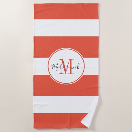 Modern Orange White Stripes Script Monogram Name Beach Towel