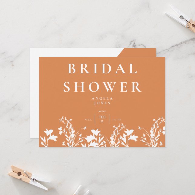 Modern Orange White Wildflower Bridal Shower Invit Invitation (Front/Back In Situ)