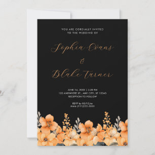 Modern Orange Wildflowers Garden Black Wedding Invitation