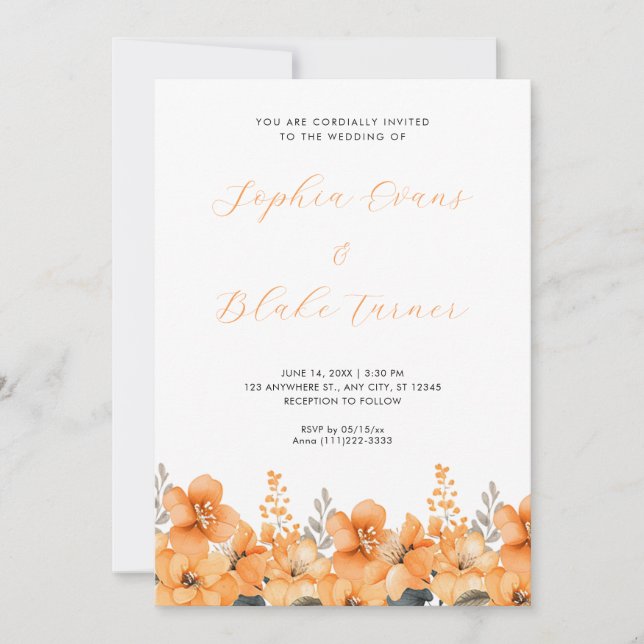 Modern Orange Wildflowers Garden White Wedding Invitation (Front)