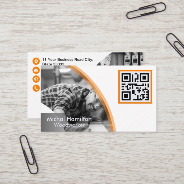 Modern Orange Woodworker Business Card (Front/Back In Situ)