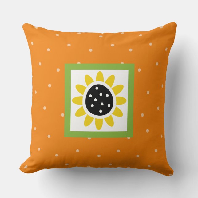 Modern Orange Yellow Green Sunflower Polka Dots Throw Pillow (Front)