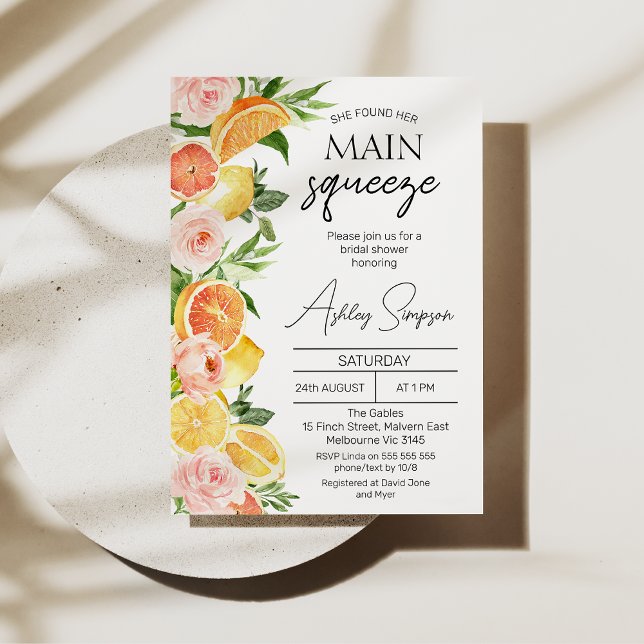 Modern Oranges Lemons Main Squeeze Bridal Shower  Invitation (Citrus themed she found her main squeeze bridal shower invitation with lemon, oranges and flowers.)