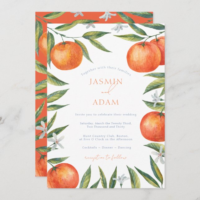 Modern Oranges Mediterranean Citrus Wedding Invitation (Front/Back)