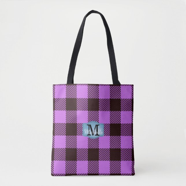 Modern Orchid Black Tartan Jeans Monogram Name Tote Bag (Front)