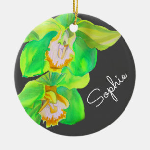 Modern orchid flower watercolor Christmas name Ceramic Ornament
