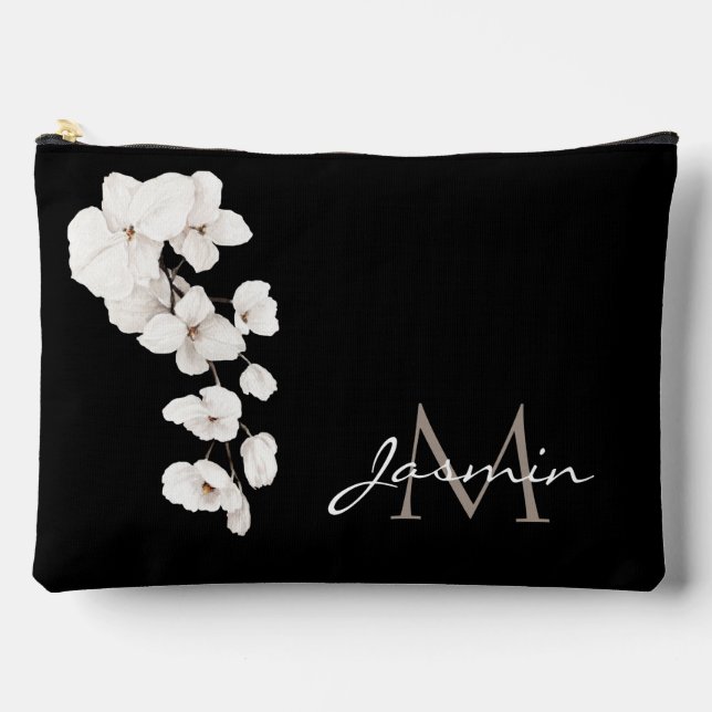 Modern Orchid Monogram Black and White Accessory Pouch (Front)