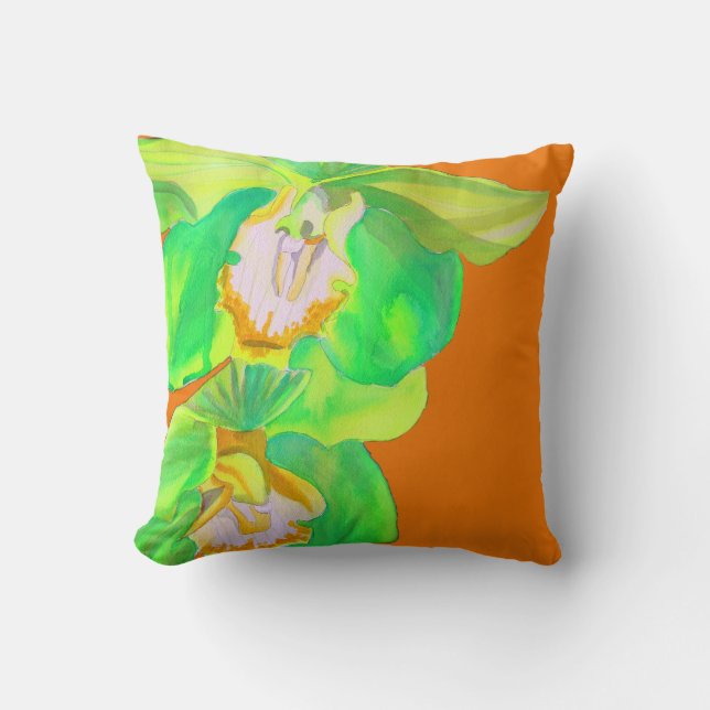 Modern orchid pop art flower on orange throw pillow (Front)