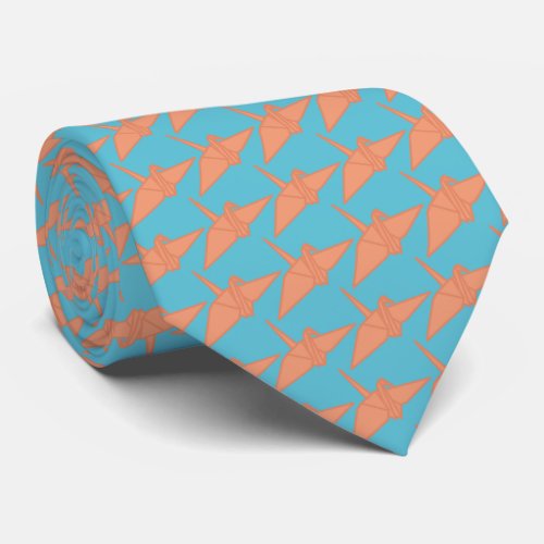 Modern Origami Crane Pattern Sky Blue  Orange Neck Tie