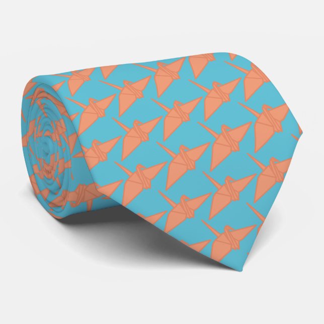 Modern Origami Crane Pattern Sky Blue & Orange Neck Tie (Rolled)