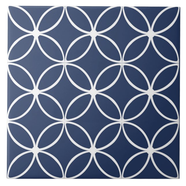 Modern, ornamental petals, navy blue, white ceramic tile (Front)