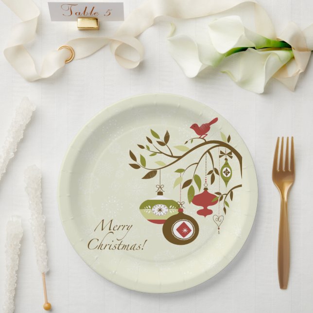 Modern Ornaments Bird on Tree Merry Christmas  Paper Plates (Wedding)