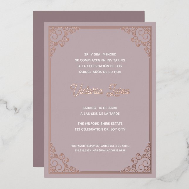 Modern Ornate Frame Blush Pink Quinceañera Gold Foil Invitation (Front/Back)