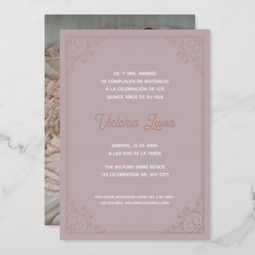 Modern Ornate Frame Blush Pink Quinceaera Photo Foil Invitation