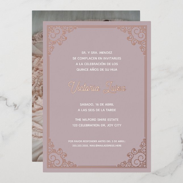 Modern Ornate Frame Blush Pink Quinceañera Photo Foil Invitation (Front/Back)