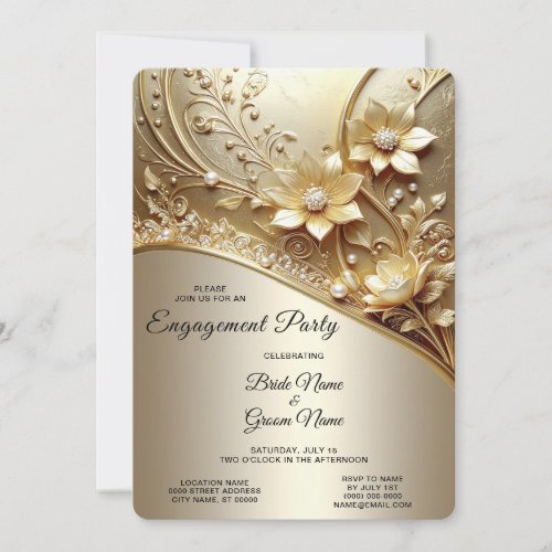 Modern Ornate Gold Floral with Pearls Engagement Invitation