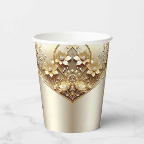 Modern Ornate Gold Floral with Pearls Paper Cups