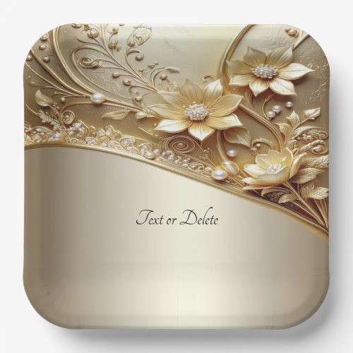 Modern Ornate Gold Floral with Pearls Paper Plate