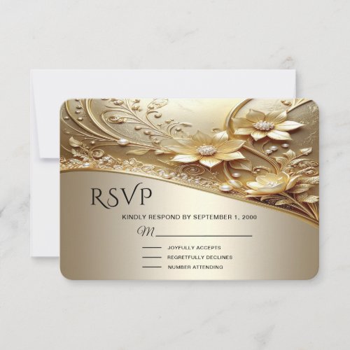 Modern Ornate Gold Floral with Pearls RSVP Card