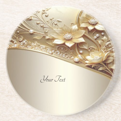 Modern Ornate Gold Floral with Pearls Sandstone Coaster