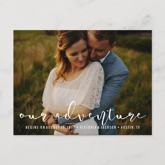 Modern Our Adventure Save the Date Photo WHITE Announcement Postcard (Front)