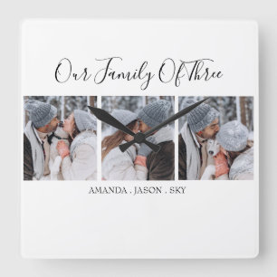 Modern Our Family Of Three Photo Square Wall Clock