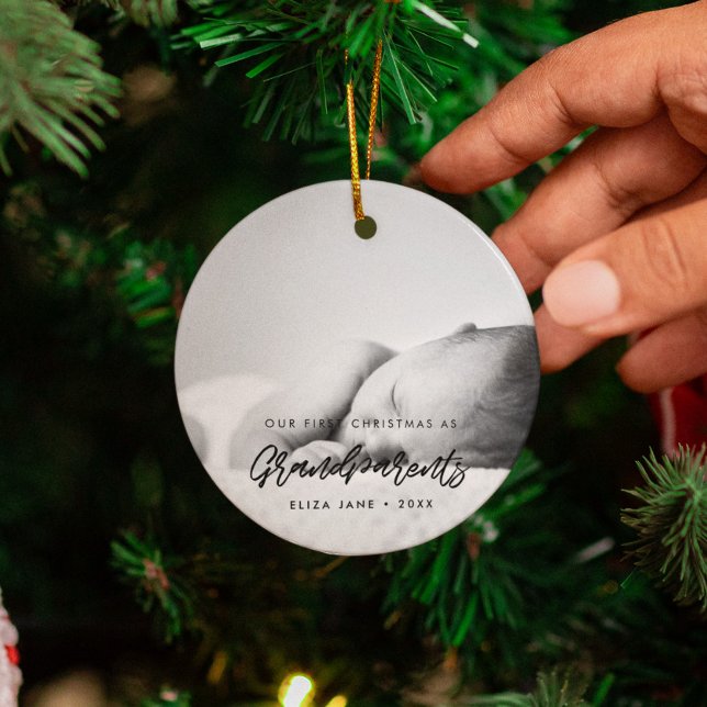 Modern Our First Christmas as grandparents photo Ceramic Ornament (Creator Uploaded)