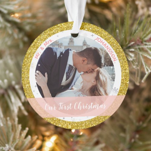 Modern Our First Christmas as Mr and Mrs 2 Photos Ornament
