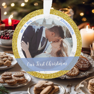 Modern Our First Christmas as Mr and Mrs 2 Photos Ornament