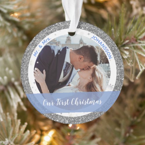 Modern Our First Christmas as Mr and Mrs 2 Photos Ornament