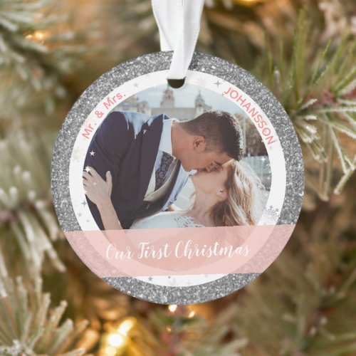 Modern Our First Christmas as Mr and Mrs 2 Photos Ornament