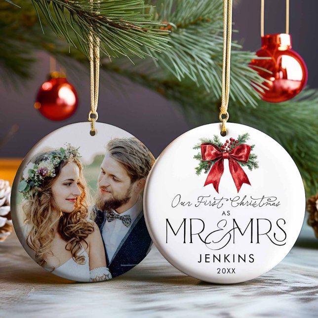 Modern Our First Christmas as Mr and Mrs Photo Ceramic Ornament (Modern Our first christmas as mr and mrs photo ornament)