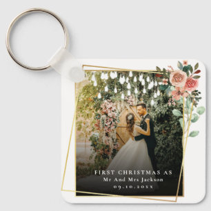 Modern Our First Christmas As Mr & Mrs Floral Keychain