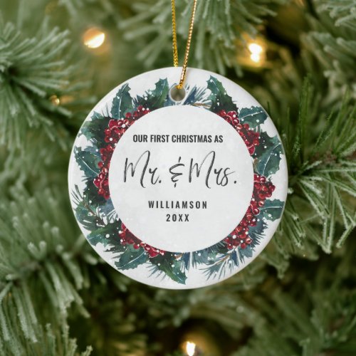 Modern Our First Christmas As Mr  Mrs Photo Ceramic Ornament